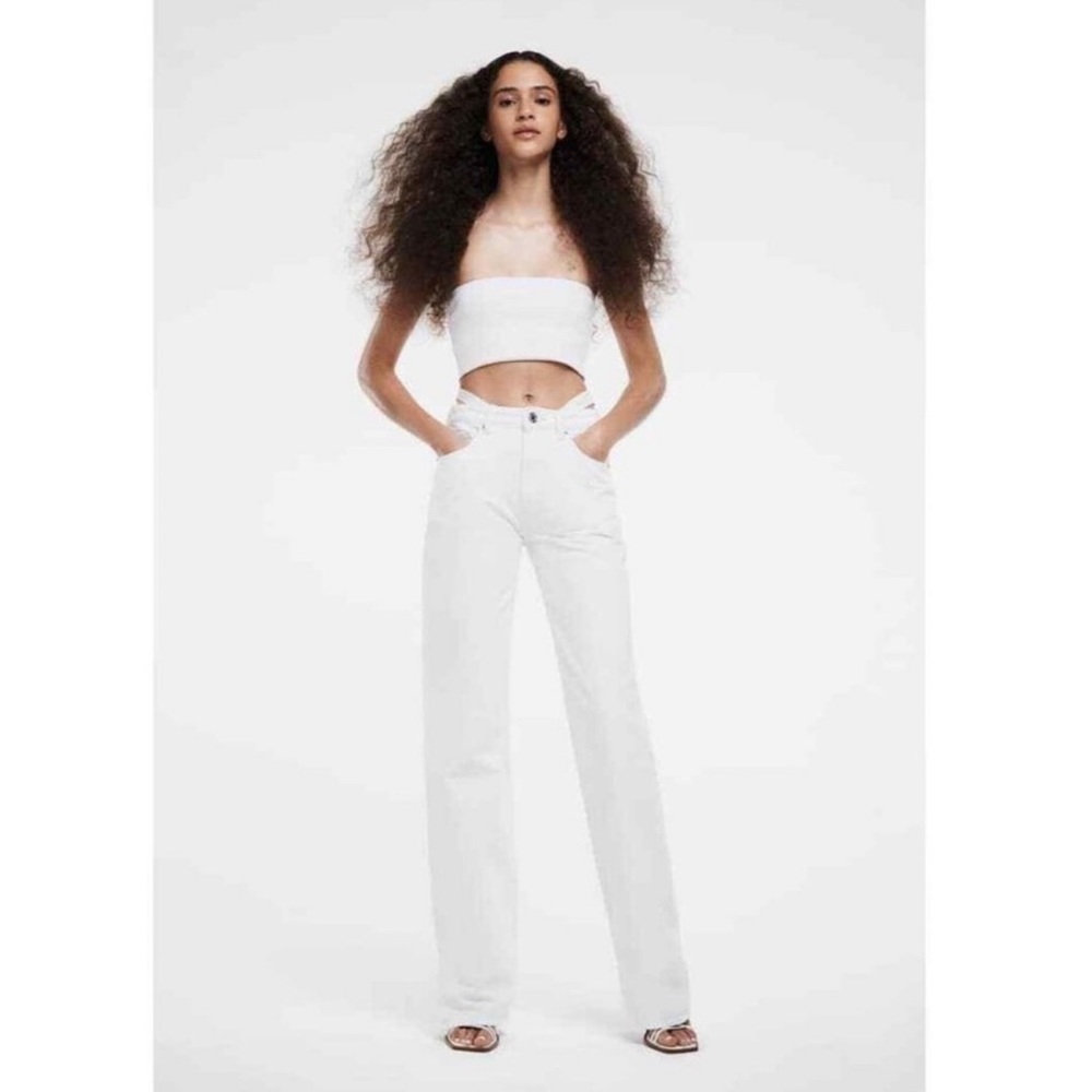 Zara High Rise Straight Leg Denim Jeans 4 White Faux Cut Out Thong 90s Retro